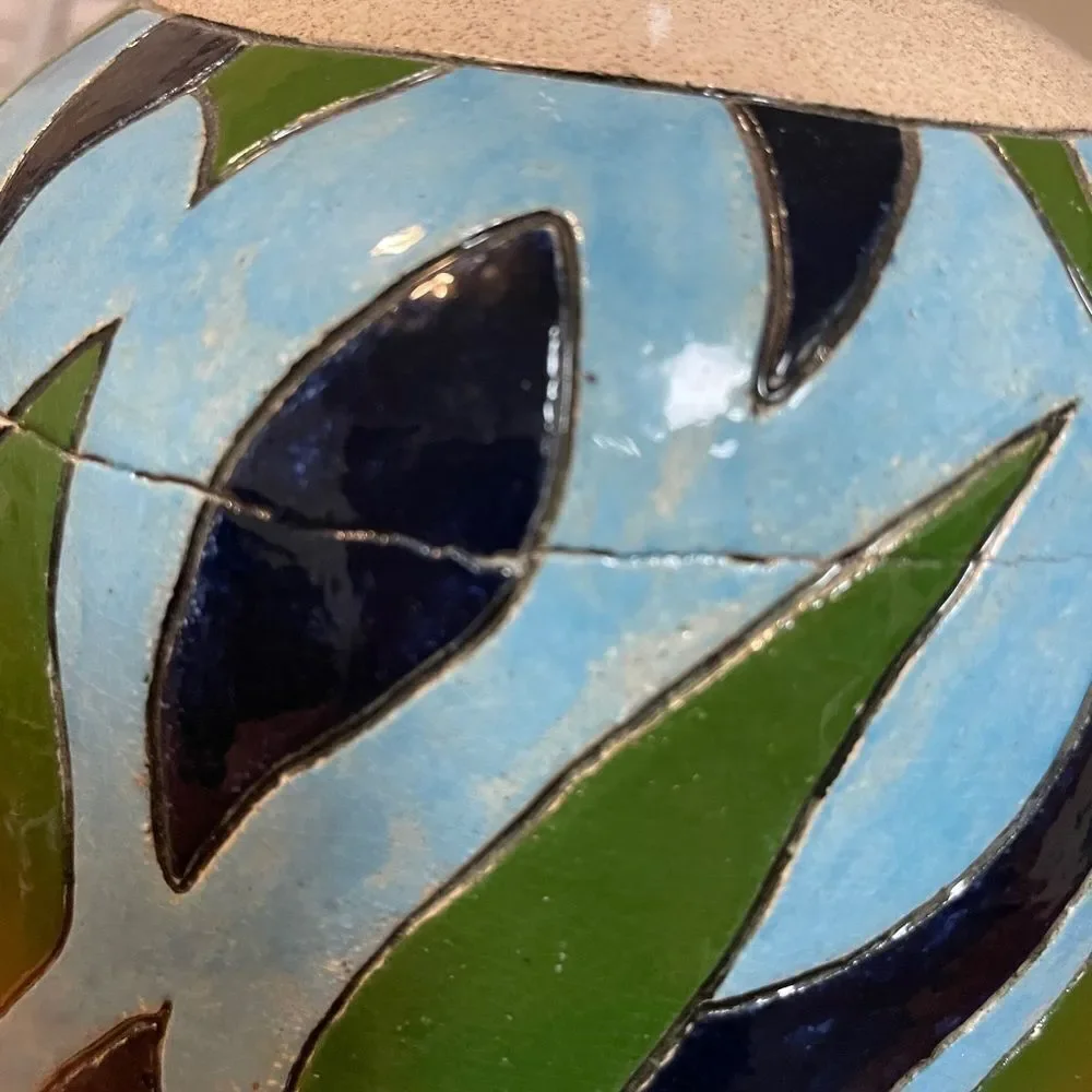 Ceramic Hand Painted Vase Blue Green Beige Signed by John Bell dated 9-22-04